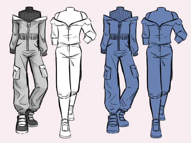 rough overalls outfit sketches