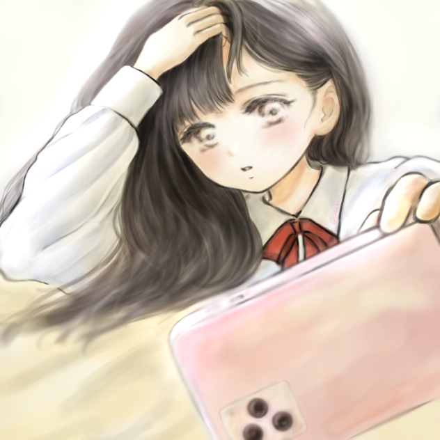 自撮りに苦戦している女子高生。