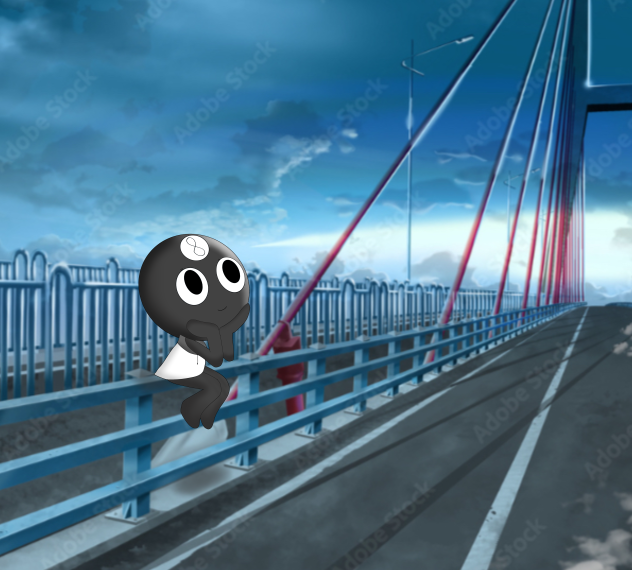 Toodles sitting on a bridge