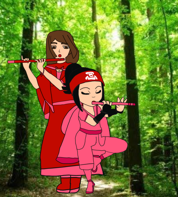 Wendy And Suzume Playing Flute In Forest