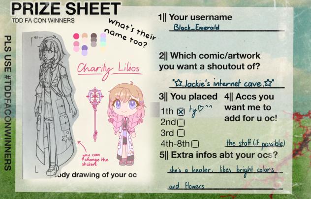 Prize sheet for Chelle