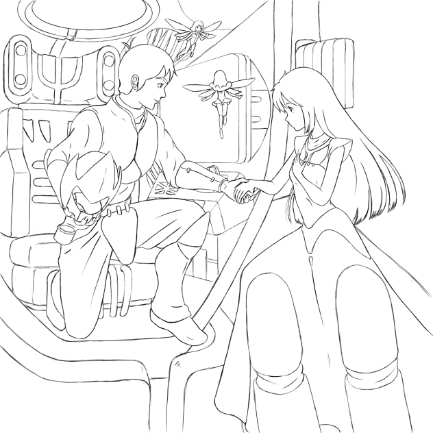 線画 聖戦士ダンバイン ショウとシーラ 背景有り