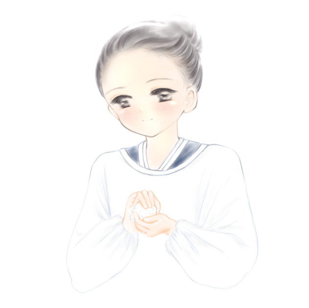 塩むすびを握る女中さん見習いの女の子。
