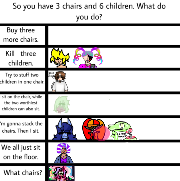 3 chairs and 6 children