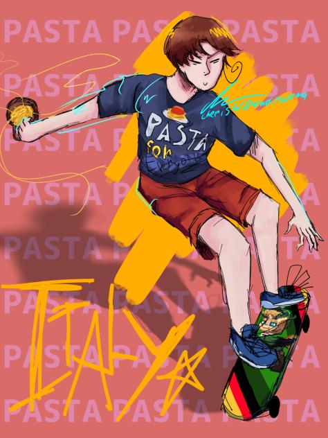 ITALY ON A SKATEBOARD WITH PASTA