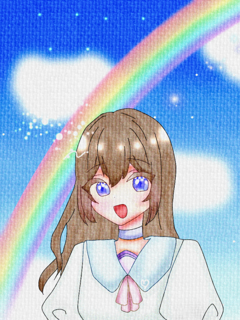 塗り絵(虹のかかった青空の下にいる女の子)