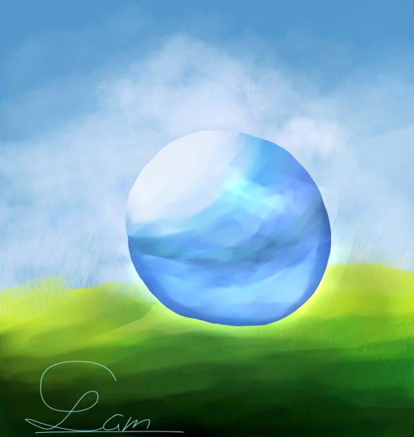Blue ball laying in blue sky