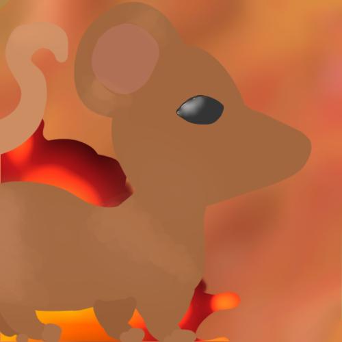 A mouse emerges from the flames
