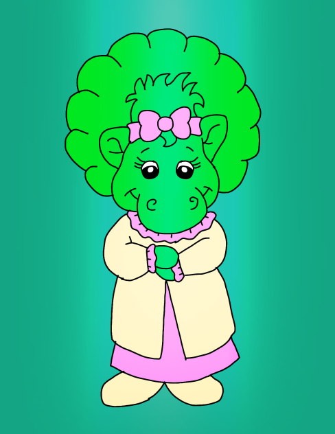Baby Bop wearing a yellow nightgown