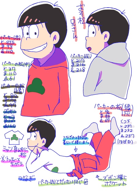 おそ松兄さんの色（パーカー・つなぎ）改