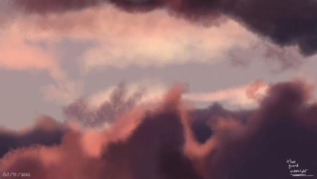 sunset with dramatic, colorful clouds.