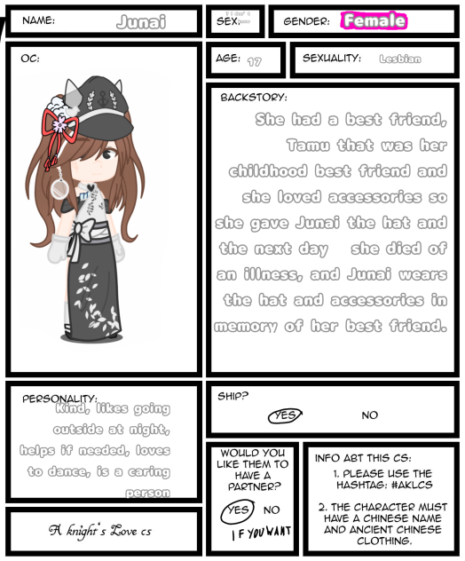 Character sheet for A Knights Love