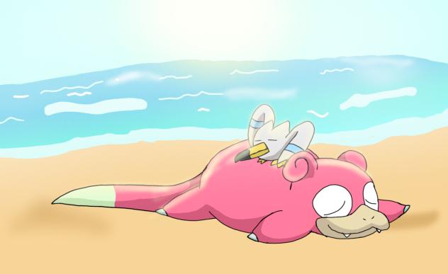 Slowpoke and Wingull on beach