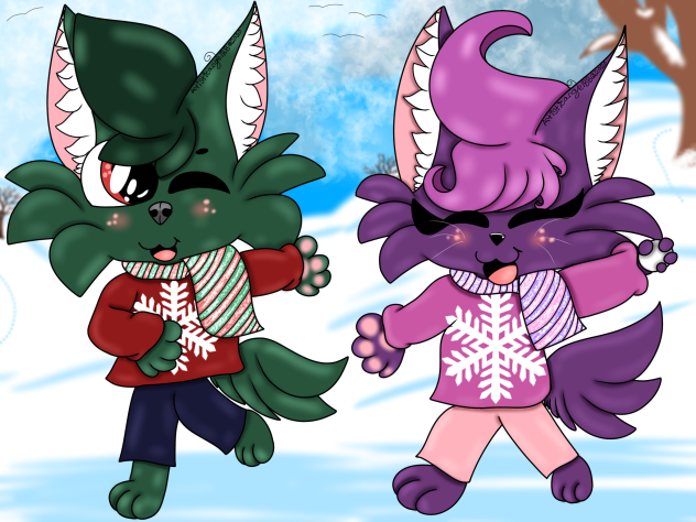 Green And Purple Dog And Cat Having A Sn