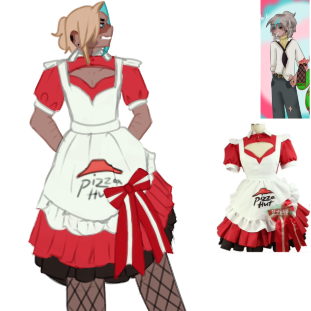 Thrift in a Pizza Hut Maid dress
