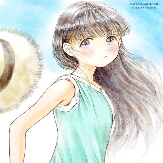 麦わら帽子飛んじゃった明日ちゃん。