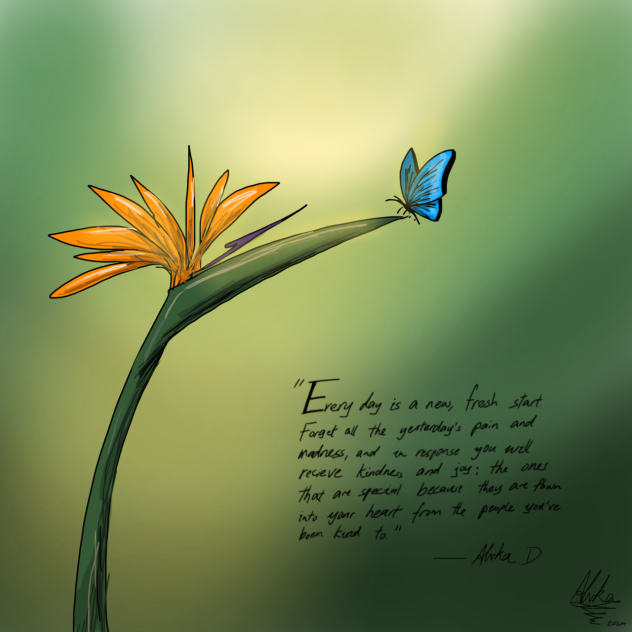 Bird of paradise flower & blue butterfly