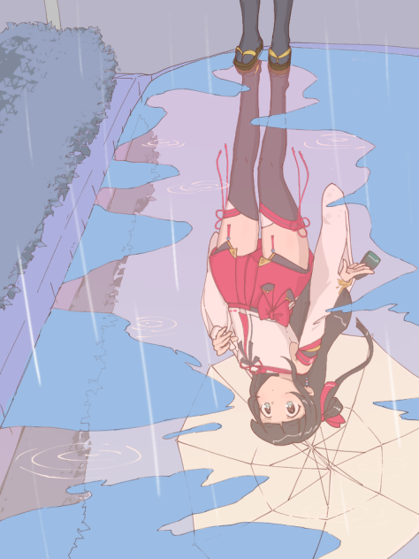 歩道が水浸しだけどぴょんぴょんジャンプすれば行けそうと思っている巫女