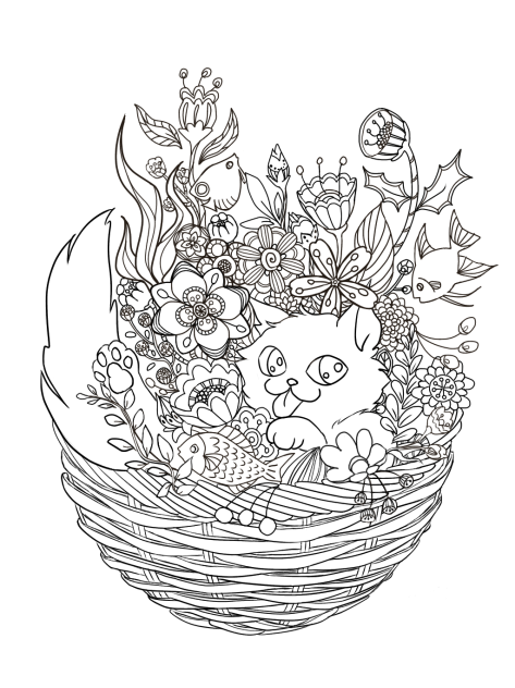 猫と花篭 線画