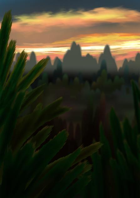 pine trees sunset mountains