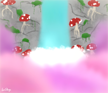 mushroom mountain + waterfall, blossom