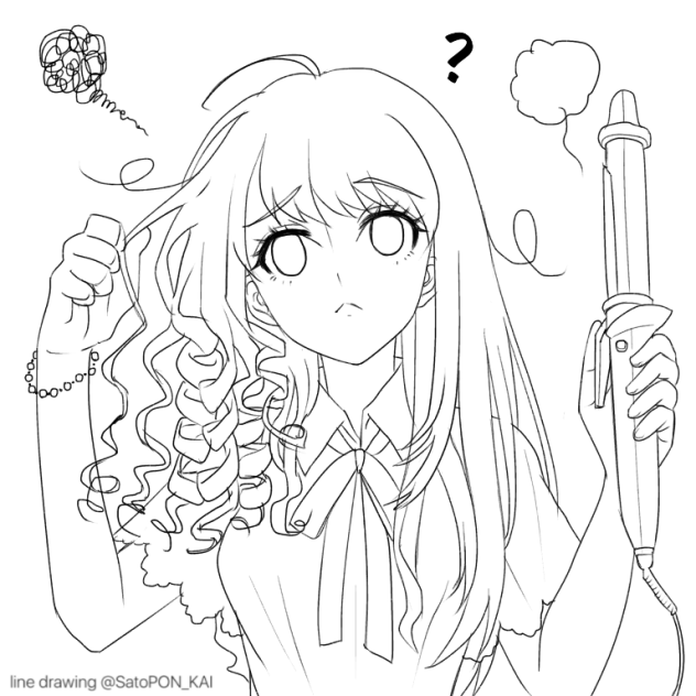 髪を上手に巻けない系女子 線画