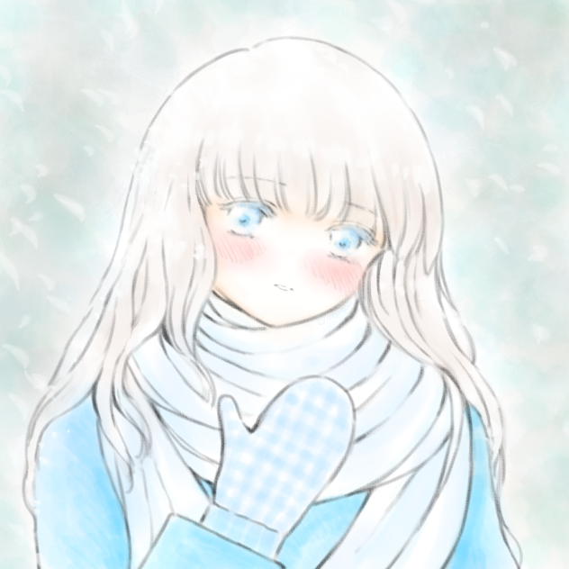 初雪の日、マフラーを巻いた女の子。