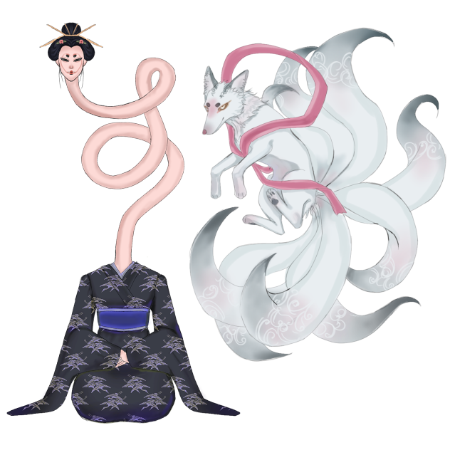 rokurokubi and kitsune yokai