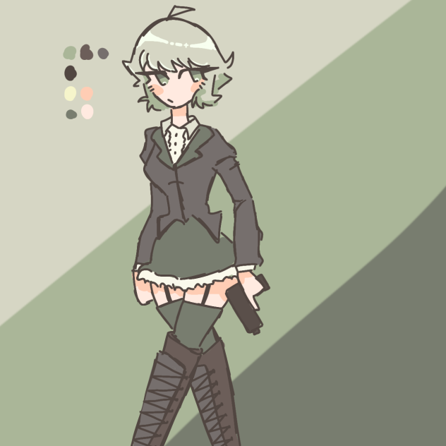 Old drawing green gun girl