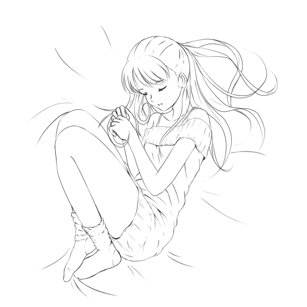 線画　丸くなって眠る女の子