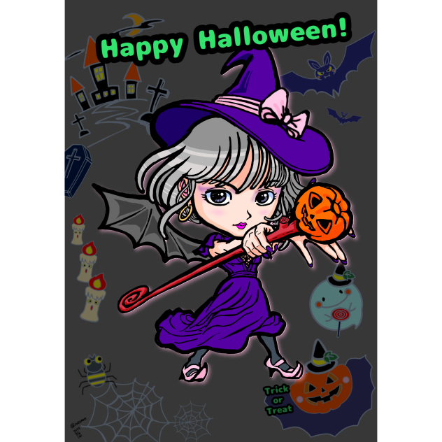 ハロウィン　魔法使い8 最終、背景ありグレー
