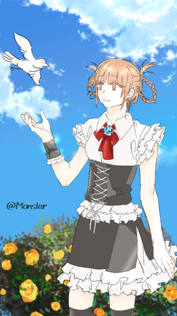 青空の下で、鳥と少女