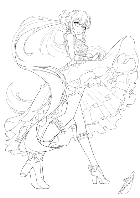 スカートひるがえして（線画）