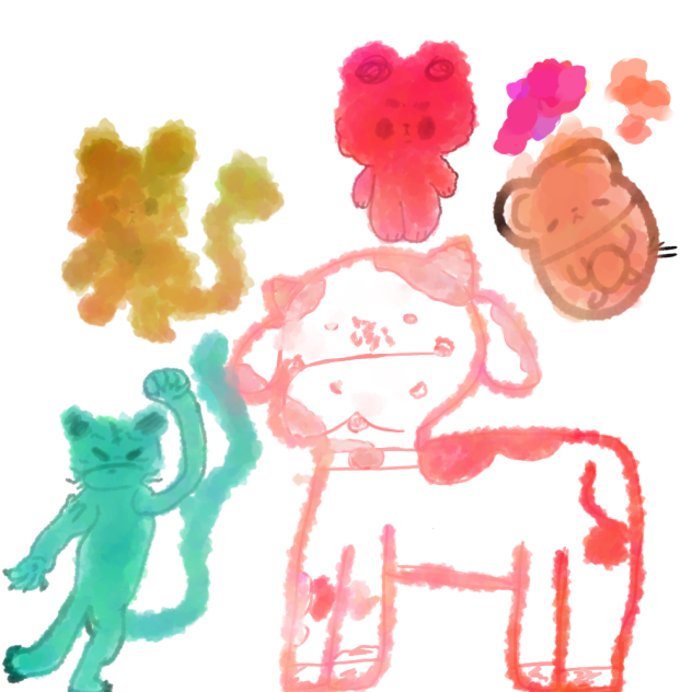 cow,  bunny, gummibear, hampster, fox,