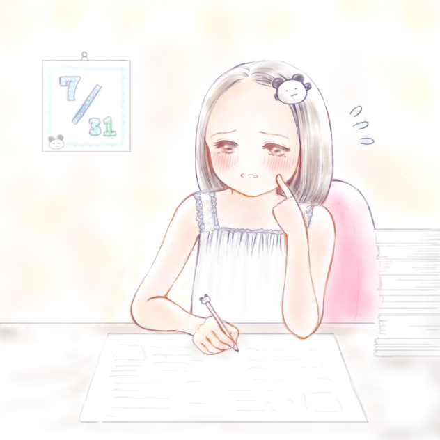 始業式前日、夏休みの宿題間に合わなくて困ってる女の子。