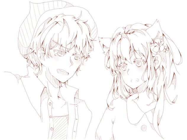 ねこみみ少女と栗男子【線画】