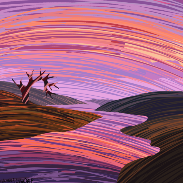 That sunset with that weird pink tree