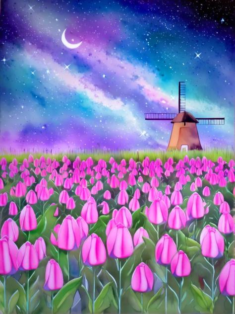 Tulip field (starry night) (Watercolour)