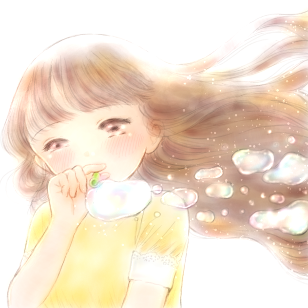シャボン玉吹いてる女の子。