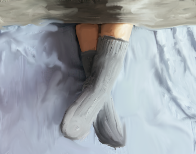 Teen girl asleep gray socks out of bed - ibisPaint