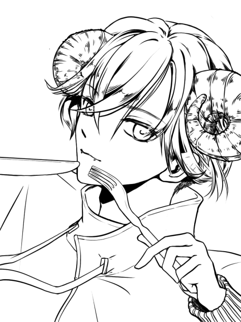 線画　夜食にパンケーキが食べたい羊