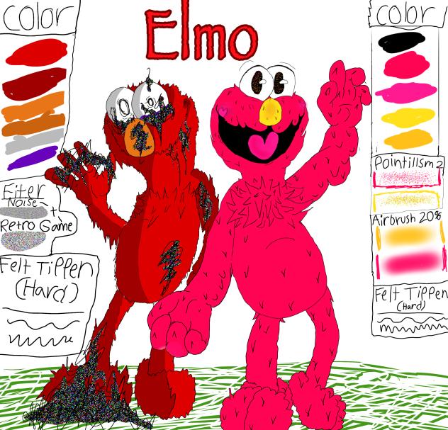 Corrupted Elmo and cartoon Elmo
