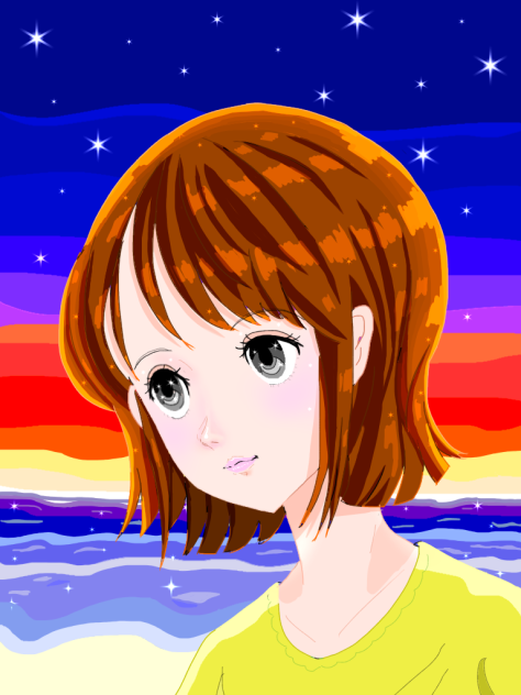 星の夜空の夕焼けと海辺