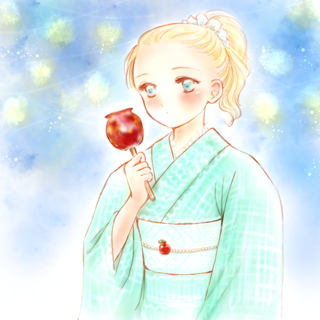 初めてリンゴ飴買った金髪の女の子。