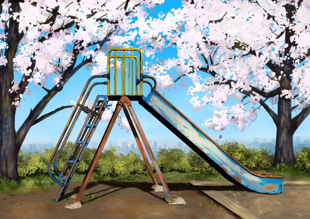 満開桜と滑り台