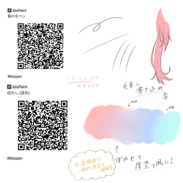 髪の毛ペン、ぼかしブラシ