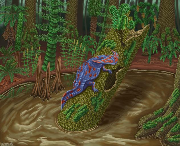 Diplocaulus magnicornis Up a Log