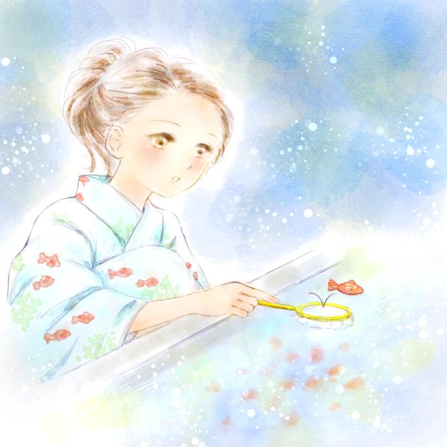 金魚すくいの女の子。