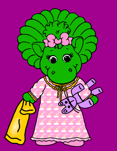 Baby Bop wearing a pink nightgown