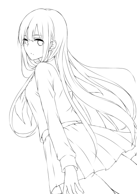 線画 見返り少女